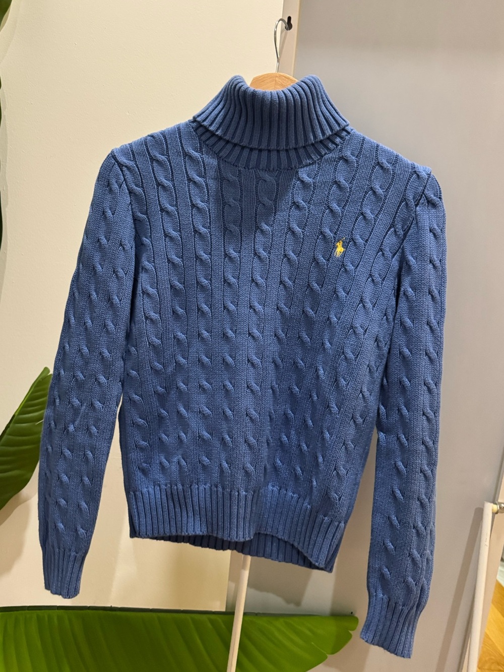 Ralph Lauren Blue Cable Knit Turtleneck Sweater w/ Yellow Pony - Picture 3 of 10